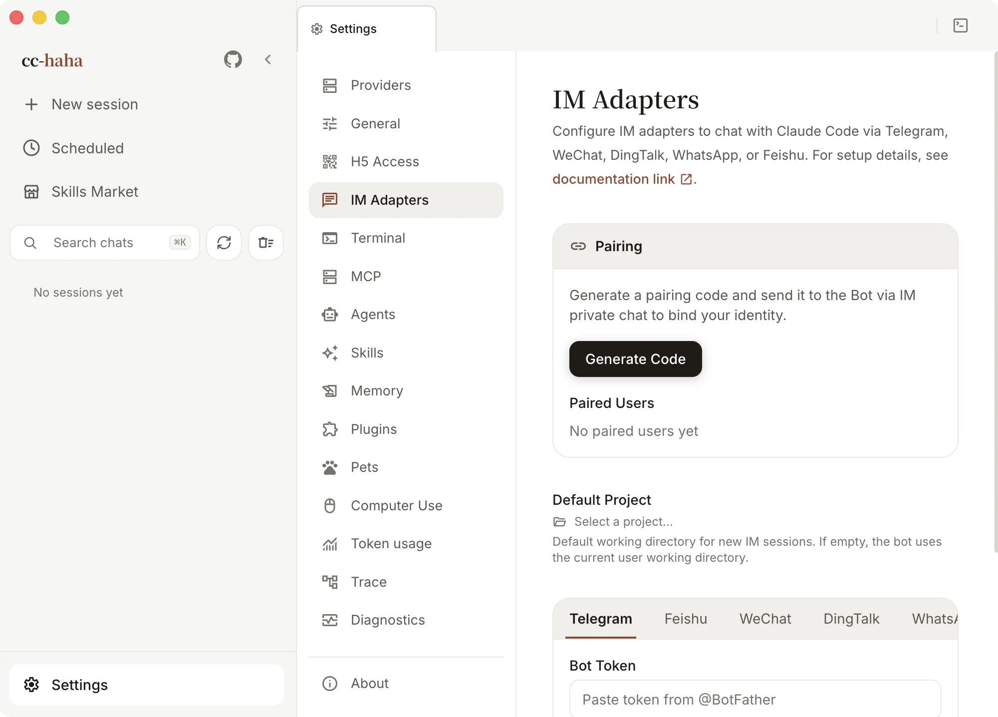 Settings → IM Adapters: pairing and the five platforms