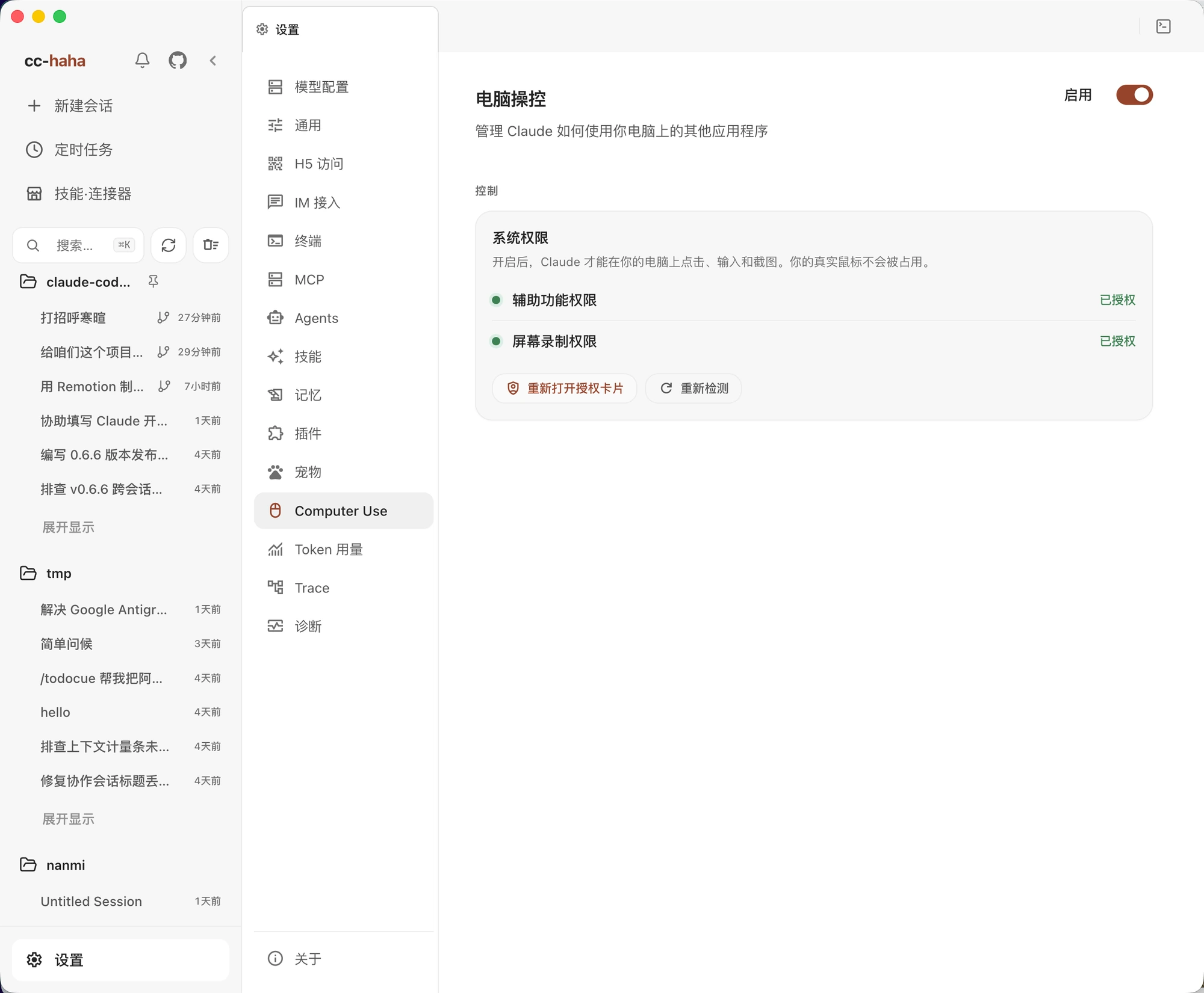 Settings → Computer Use: enable switch and OS permission status (Chinese interface)