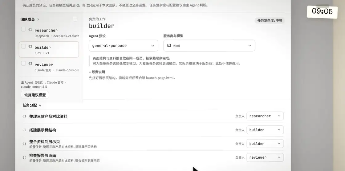 Agent Teams: confirm the proposed team, then watch members work through dependency lanes until the report and page are ready